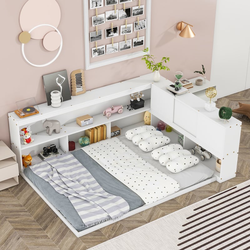Full Wood Floor Bed with L-shaped Bookcases