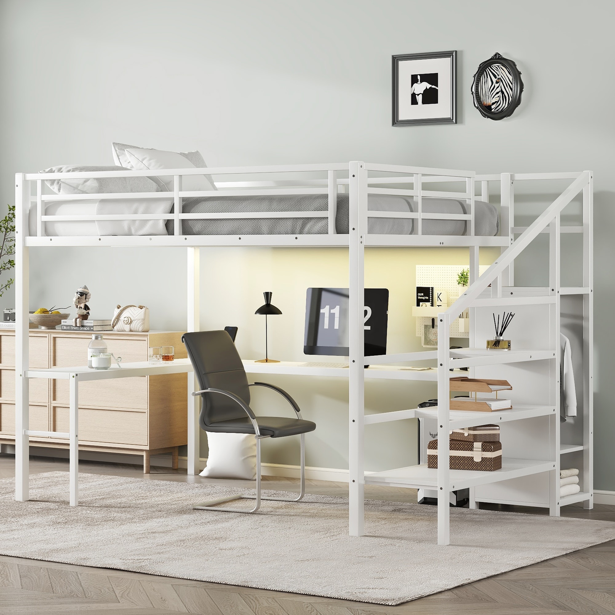 Full Size Metal Loft Bed Frame with L-Shaped Desk, USB, Wardrobe, Adjustable Shelf for Kids Teens Adults