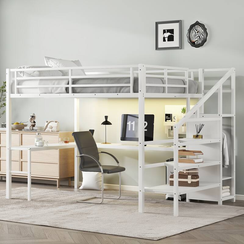 Queen Size Metal Loft Bed with L-Shaped Desk, Built-In Wardrobe, USB Charging Port, Adjustable Shelf and LED Lighting - Off White
