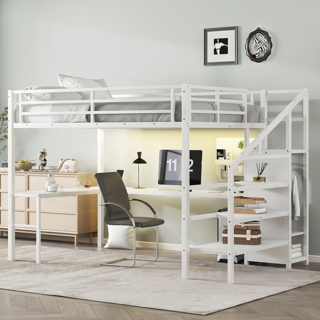 Roomfitters Queen Size Metal Loft Bed with L-Shaped Desk, USB Ports, LED Lighting & Adjustable Shelves, White