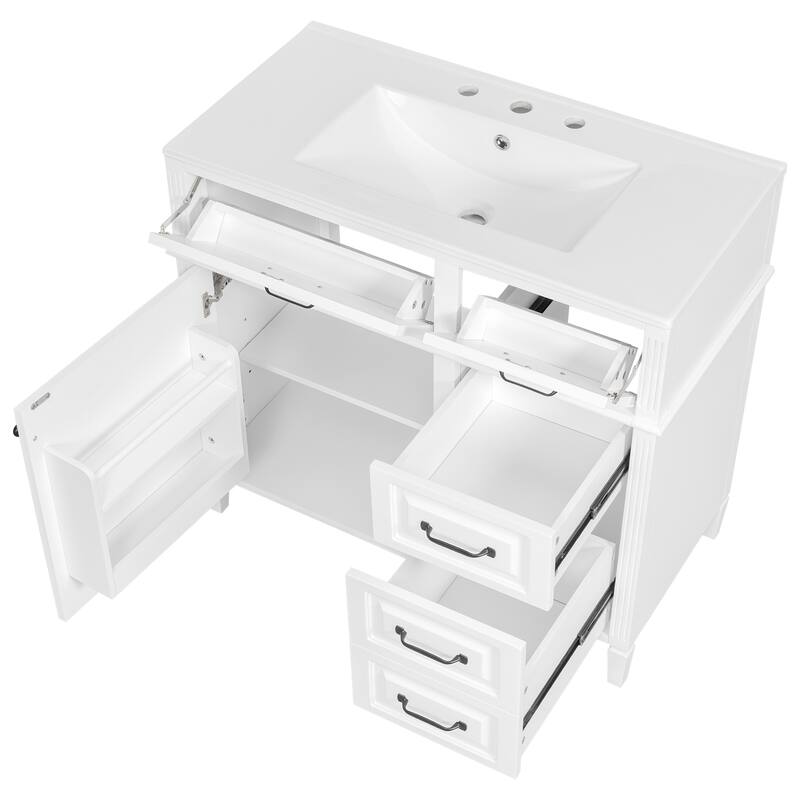 Roomfitters 36" Bathroom Vanity with Sink, Solid Wood Legs, 4 Drawers & Soft-Close Door with Storage Rack