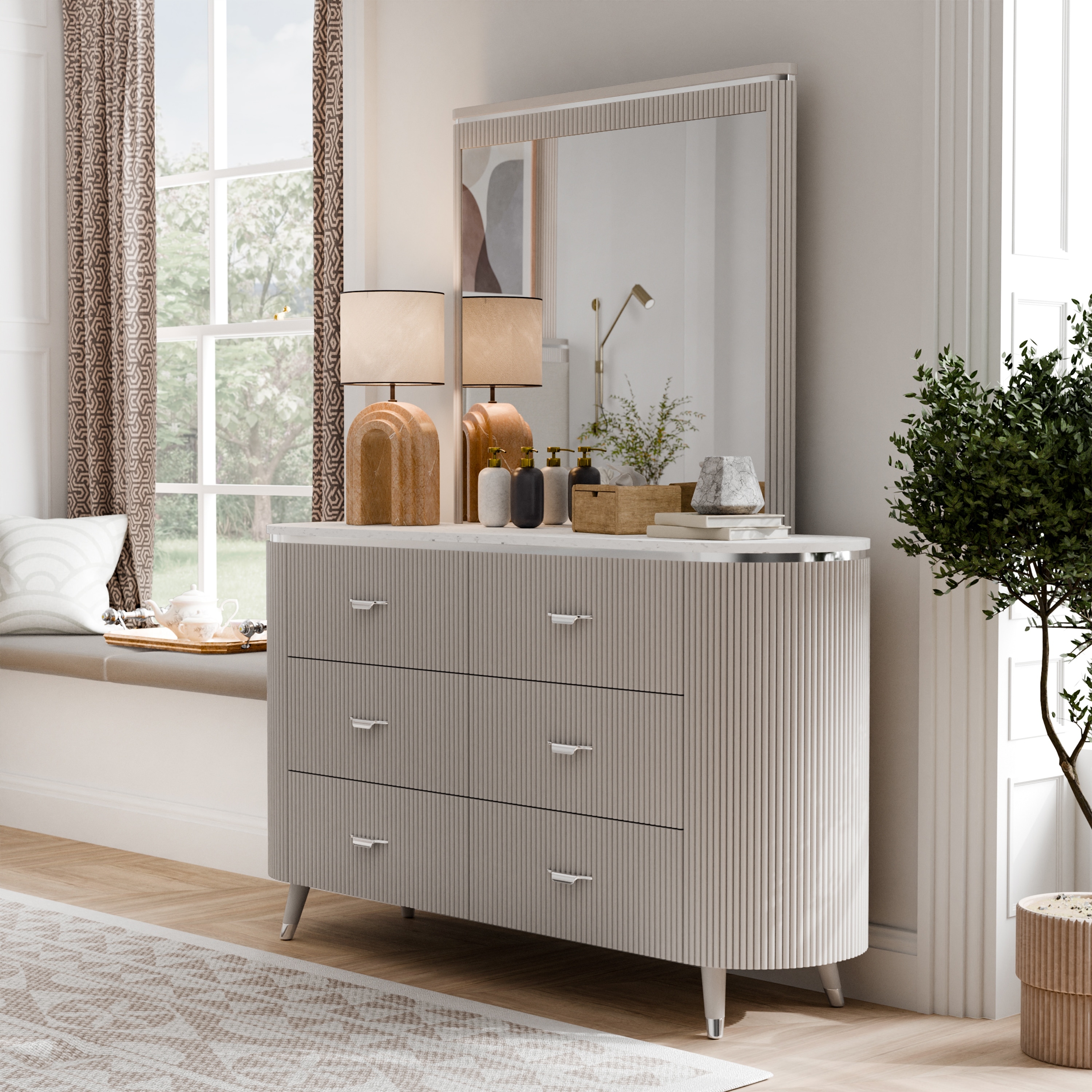 Furniture of America Seraphine Modern 2-piece Light Grey Solid Wood Dresser and Mirror Set