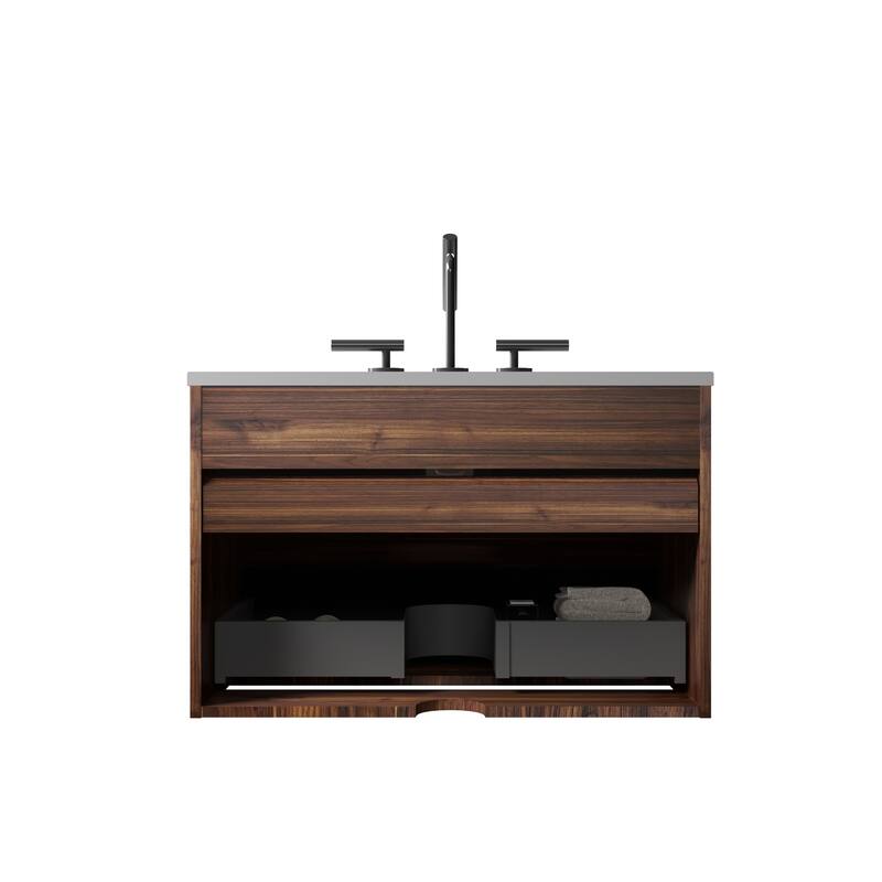30" Wall Mounted Soft Black & Walnut Bathroom Vanity with Integrated Ceramic Sink with 3 holes
