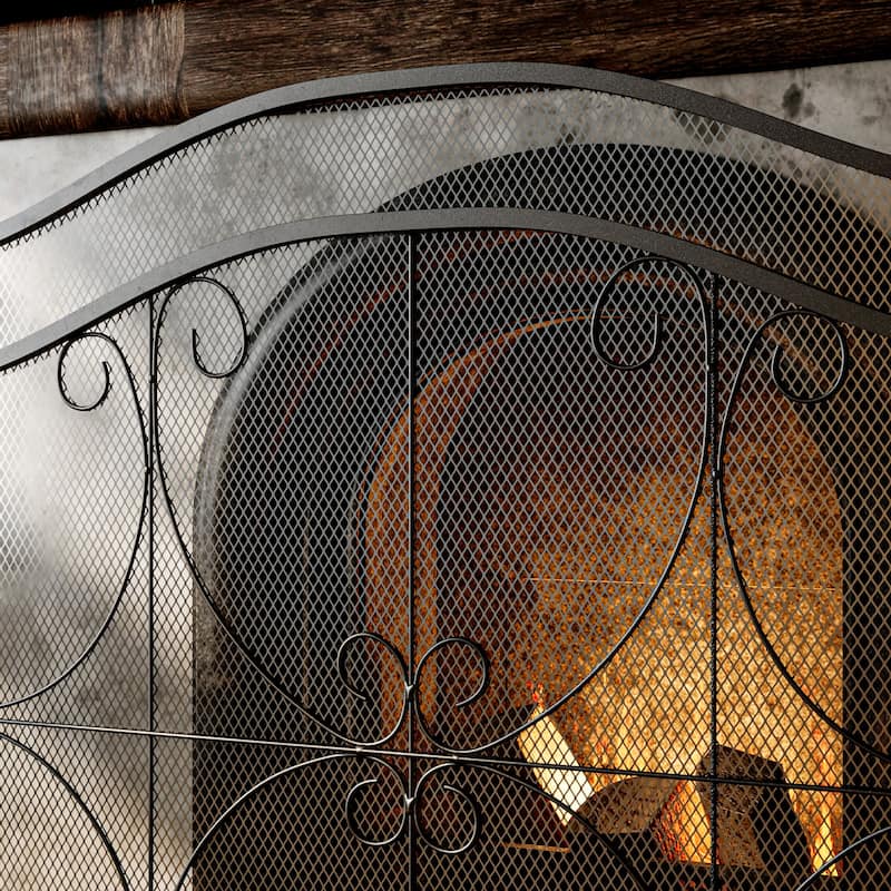 Vintage Wrought Iron Fireplace Screen with Arched Top, Decorative Scroll Design, Sturdy Mesh Spark Guard for Home Hearth