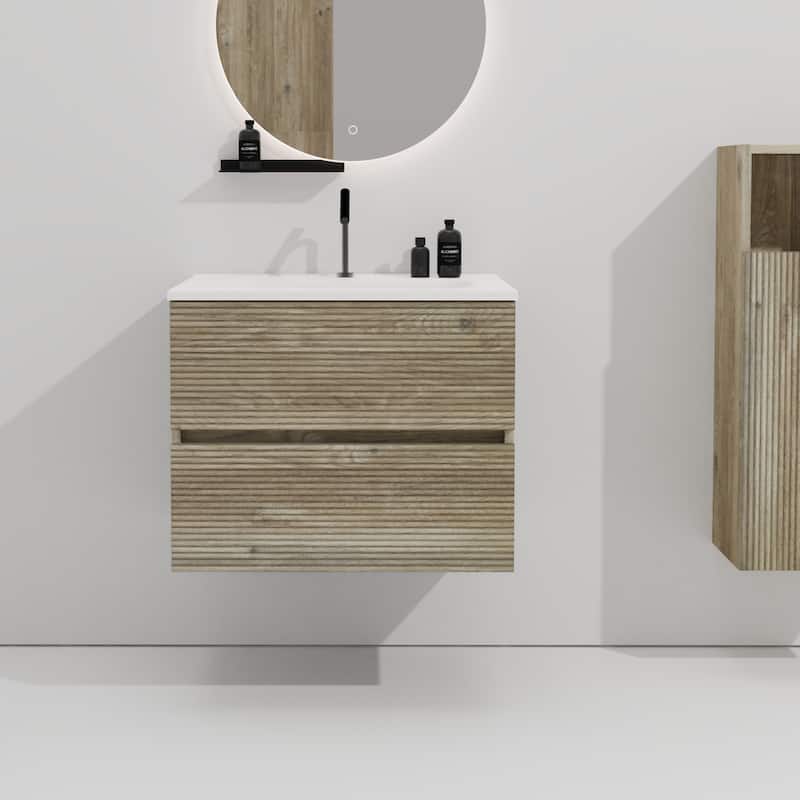 24" Wall-Mounted Bathroom Vanity with Integrated Ceramic Sink & Overflow, Large Storage Floating Vanity