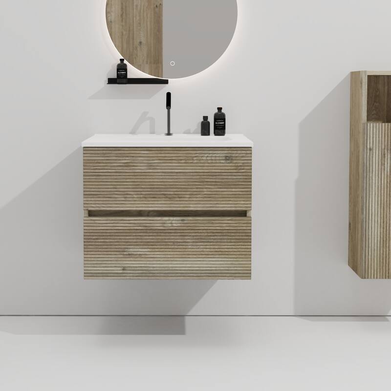 GDFStudio - Gloria Modern Wall-Mounted Floating Bathroom Vanity with Integrated Ceramic Basin & Soft-Close Drawers - 24" - Oak+3 faucet holes