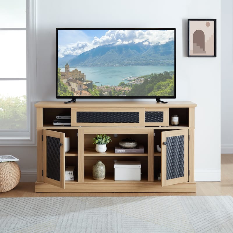 2 Door Embossed Pattern TV Stand with Open Storage Shelf and Sliding Door, Entertainment Center for TVs up to 65'' - Light Oak