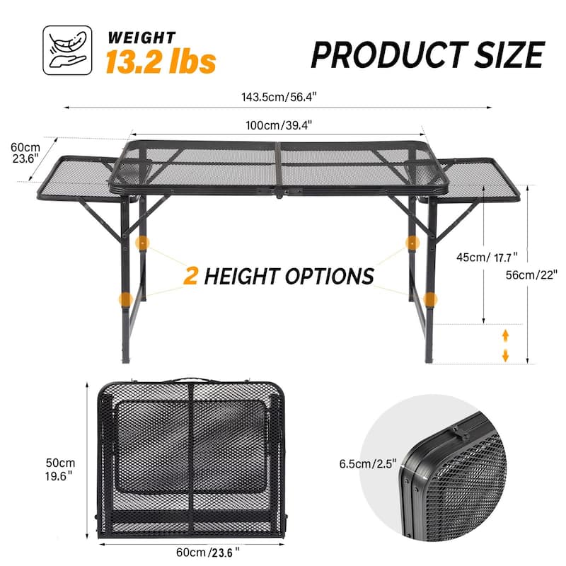 Black Portable Picnic Table With Wing Panels and Adjustable Height Perfect for Outdoor Events