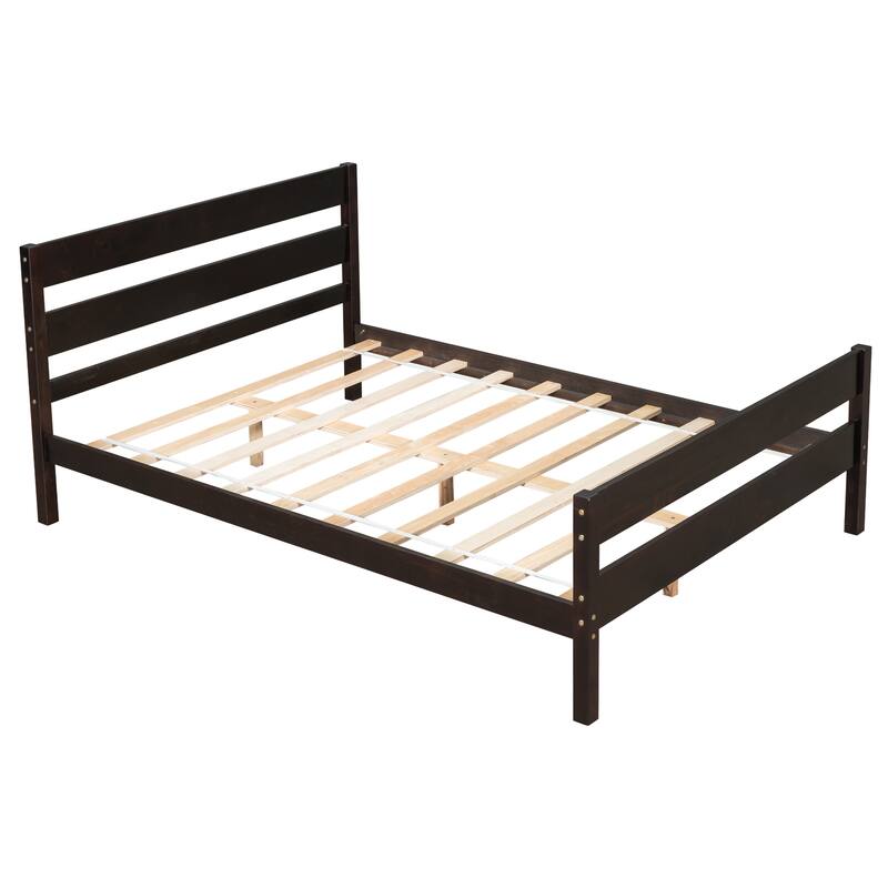 Bed with Tall Headboard & Footboard, Pinewood Bed with Strengthened Bed Frame - Brown