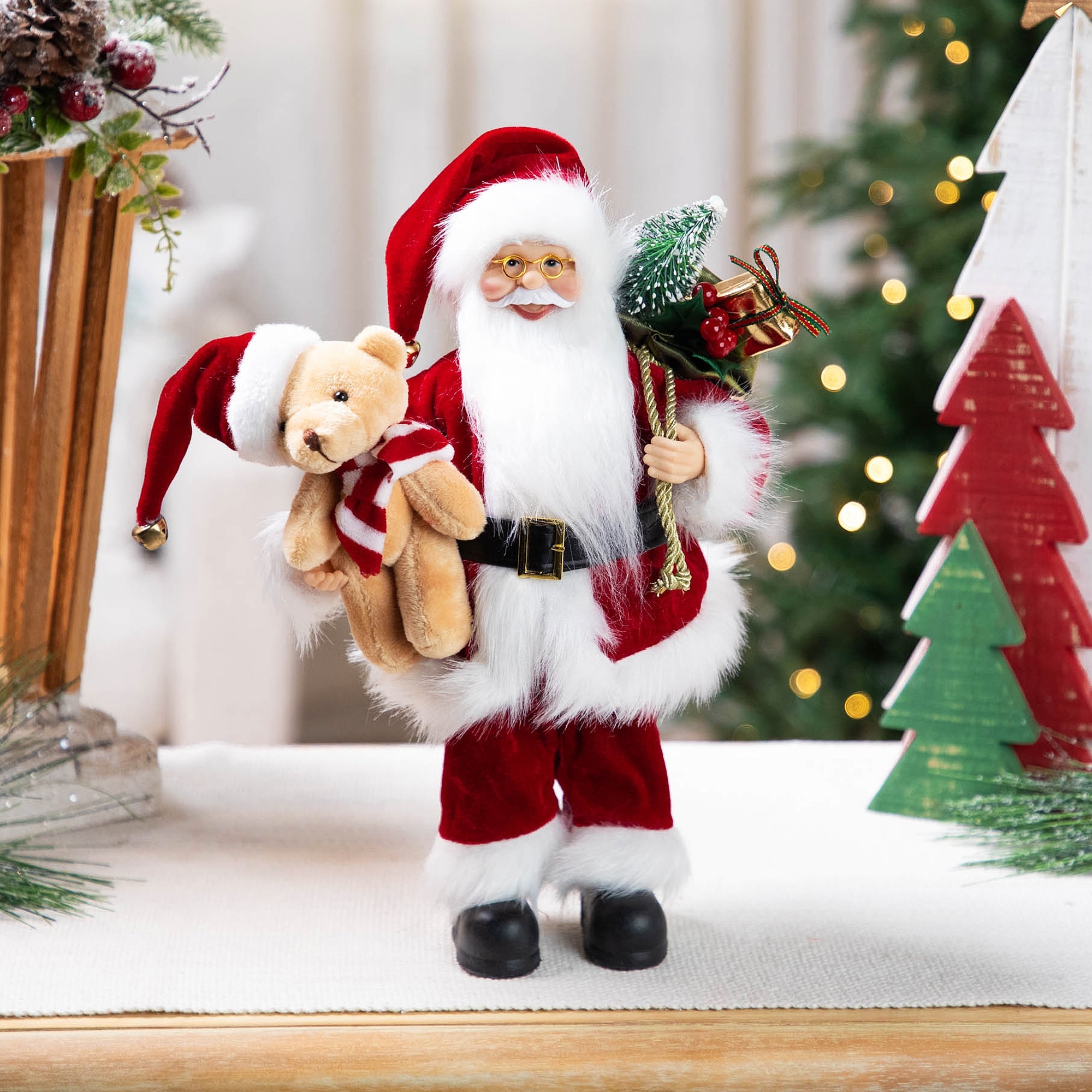 12" Traditional Santa Claus Christmas Figure with Teddy Bear Gift Bag