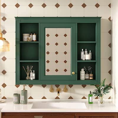 35 in. W x 27.5 in. H Rectangular Wood Medicine Cabinet with Mirror and 6 Open Shelves