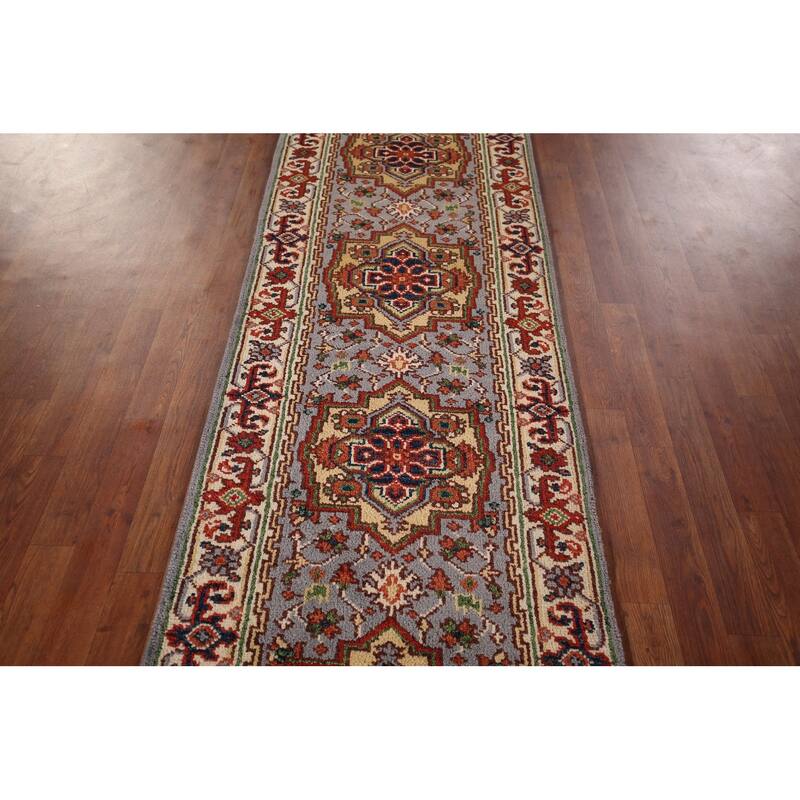 Geometric Gray Heriz Serapi Indian Runner Rug Hand-Knotted Wool Carpet - 2'6"x 9'10"