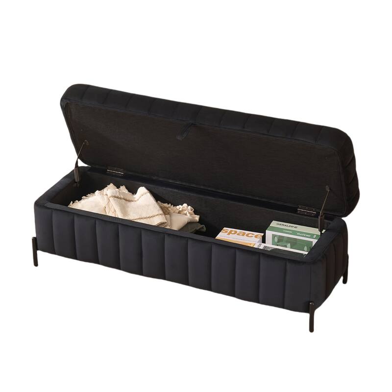 Velvet Storage Bed Bench with Hidden Compartment, Black Legs, 275LB