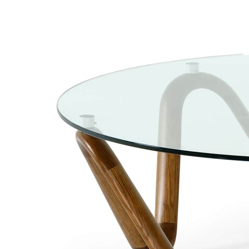 Cid Lasp Coffee Table, 45 Inch, Round Glass Top, Walnut Wave Design Base