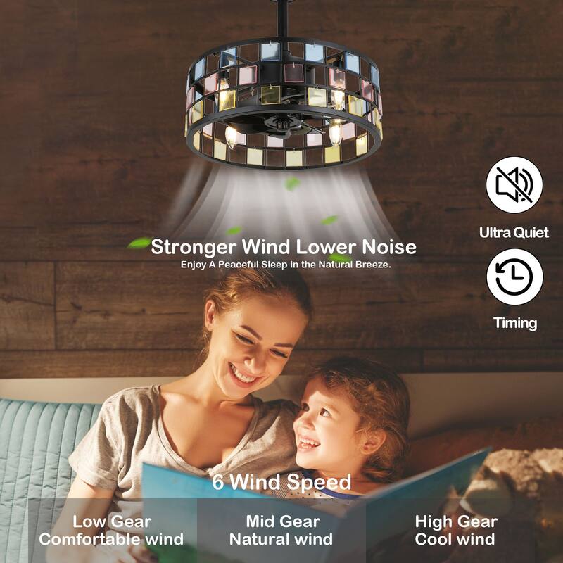 Oaks Aura Coronel 18in. DIY Tiffany Stained Glass Modern Ceiling Fan with Lights, Industrial 3-Speed Caged Ceiling Fan w/Remote