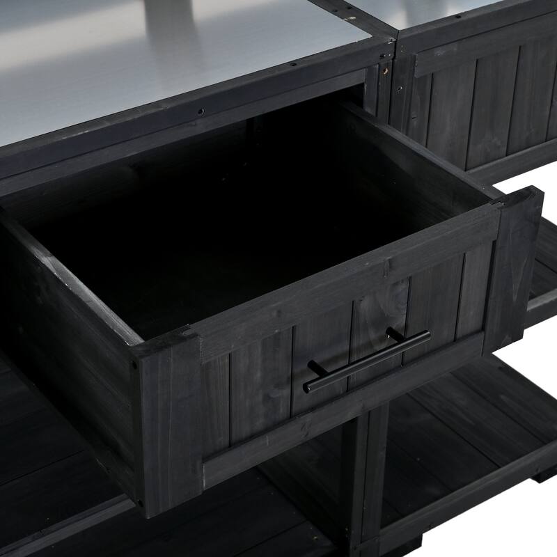Solid Wood 62.3'' Patio Kitchen Island Kitchen Cart with Stainless Table Top, Garden Potting Bench with Raised Shelf and Drawers