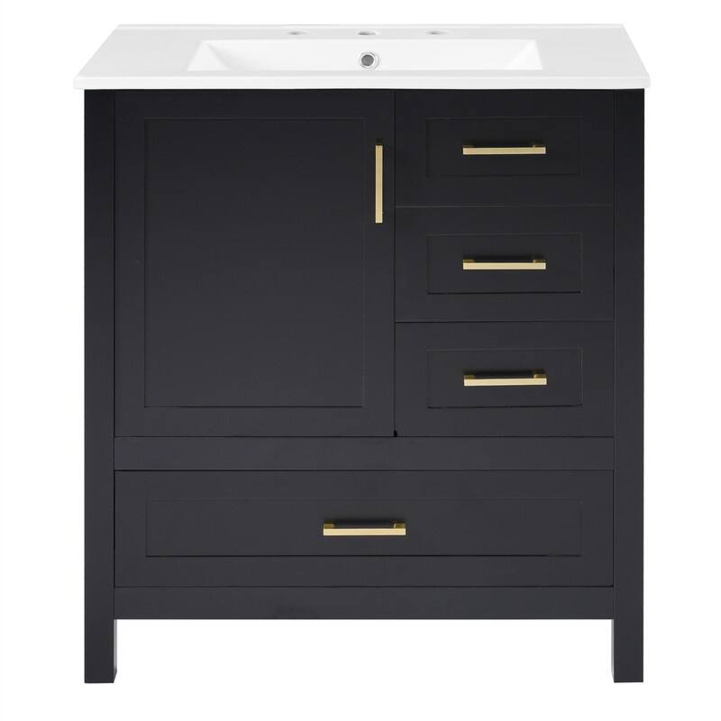 30'' Bathroom Vanity with Ceramic Sink, Freestanding Bathroom Vanity Cabinet with Soft Close Door, 3 Drawers and Removable Tray