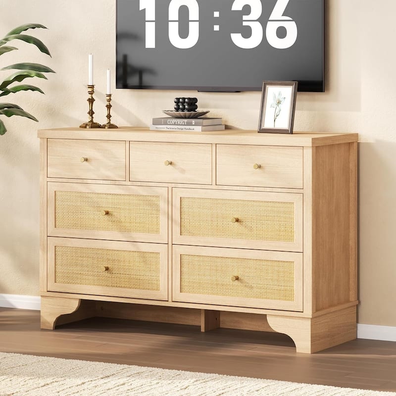 47.3" Wide Rattan 7 Drawer Dresser Storage Organizer for Bedroom