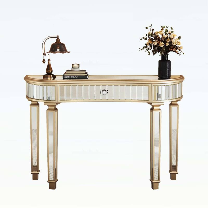 Half-Moon Mirrored Console Table with Fluted Glass,Crystal Knob Drawer