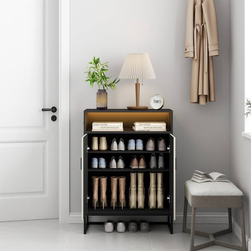 5-Tier Modern 2-Door Shoes Storage Cabinet with LED Light, Wooden Shoe Organizer Rack with Adjustable Shelf