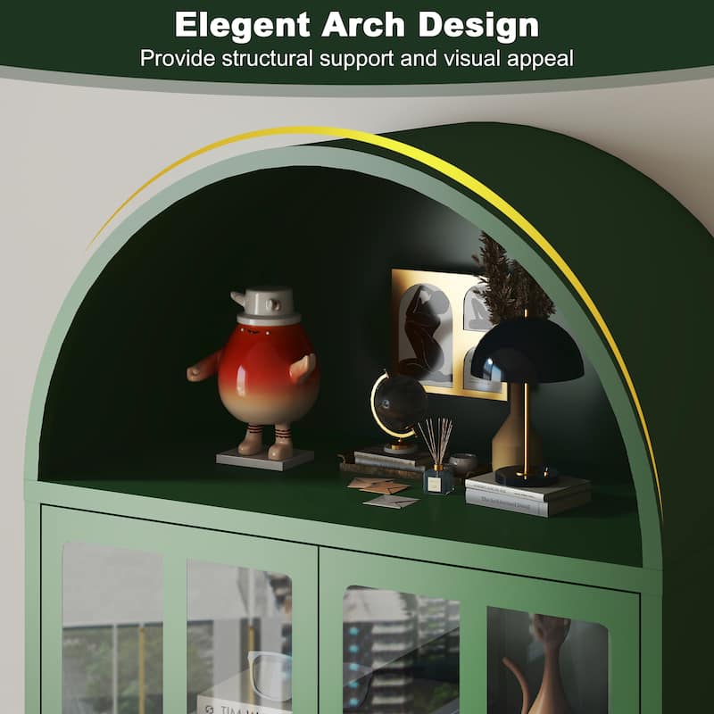 73.6-Inch Arched Metal Storage Display Cabinet with Glass Doors