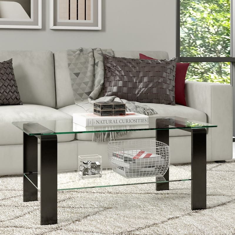 40" Glass Steel Coffee Table with Shelf for Living Room and Office - 40” x 20” x 17”