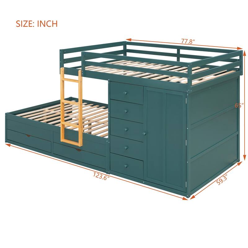 Roomfitters Full Size Bunk Bed with Drawers and Mini Wardrobe, Solid Wood