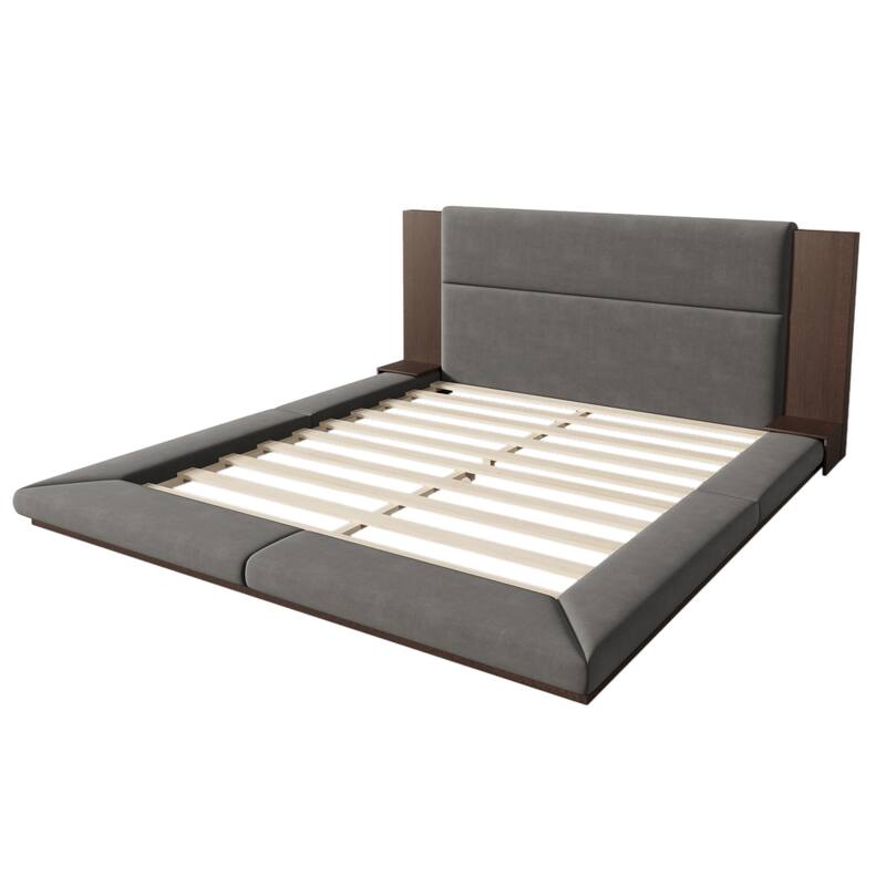 King Size Floor Bed Upholstered Bed with Extended Wood Headboard and Bedside Shelf No Box Spring Needed Grey Platform Bed