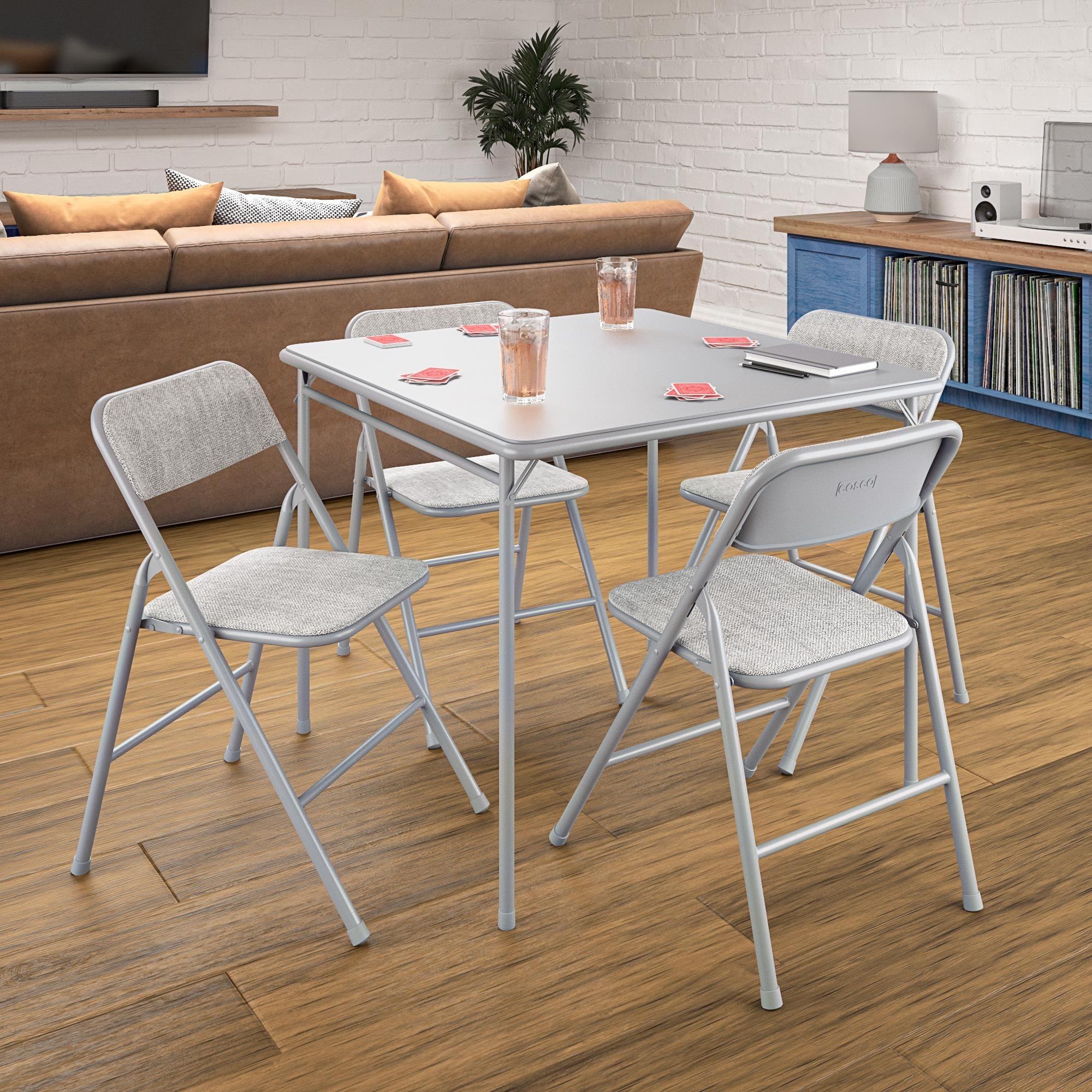 Cosco 5 Piece Black Folding Fabric Dining Set and 34 in. Vinyl Card Table