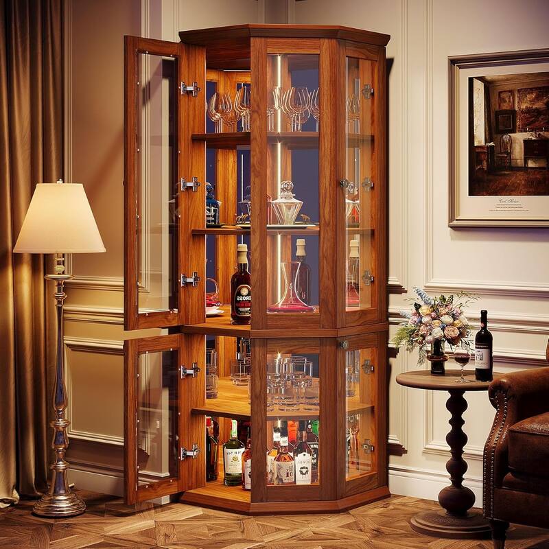 71 Inches Brown Wood Corner Wine Cabinet, 5-Tier Bar Cabinet with Doors & LED Lights for Living Room - Brown