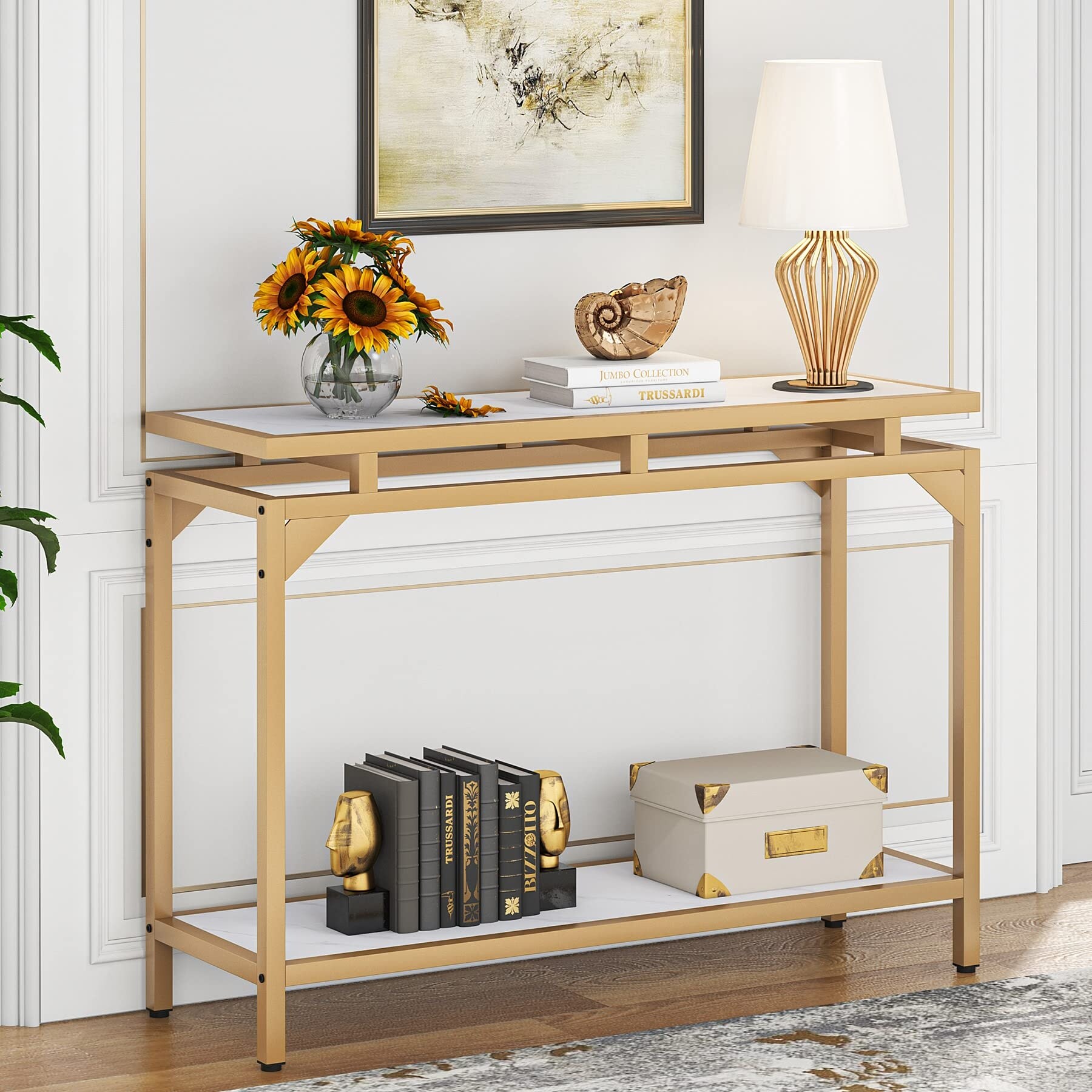 40" Gold Console Table Marble Entryway Table with Storage Shelf Narrow Sofa Tables for Living Room