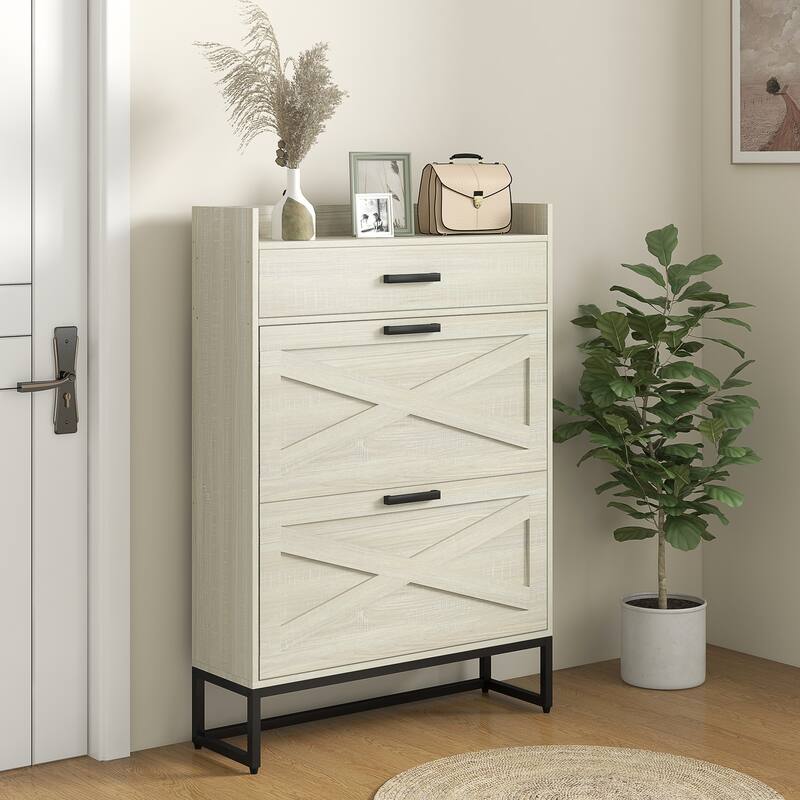 Narrow Shoe Storage Cabinet with 2 Flip Drawers, Adjustable Shelves, and Top Drawer for 12 Pairs, Ideal for Hallway Entryway