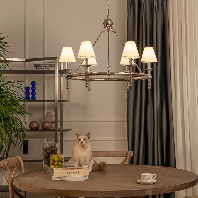 Vintage Chandelier 6-Light Classic Pendant Fixture with White Shades for Elegant Interior Lighting