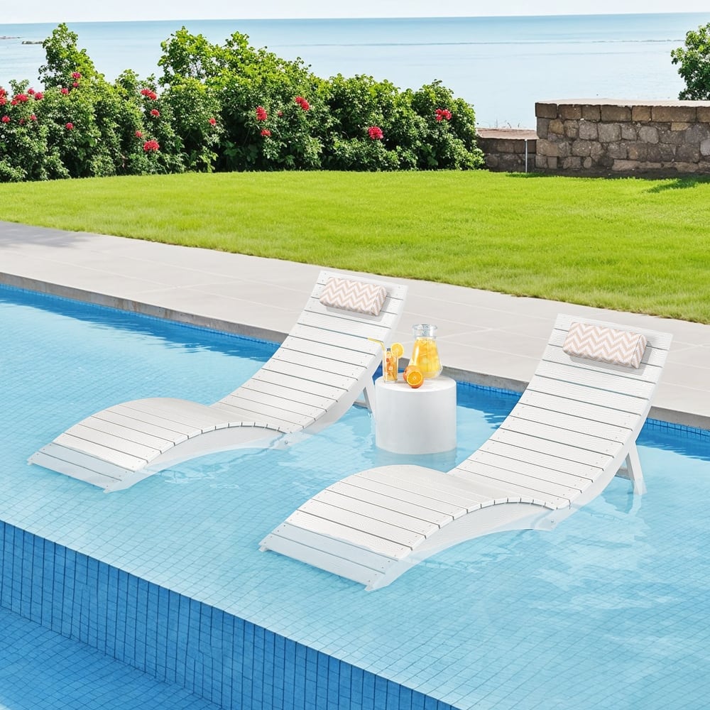 1-Piece Folding HDPS Plastic Outdoor Pool Chaise Lounge with Headrest Cushion
