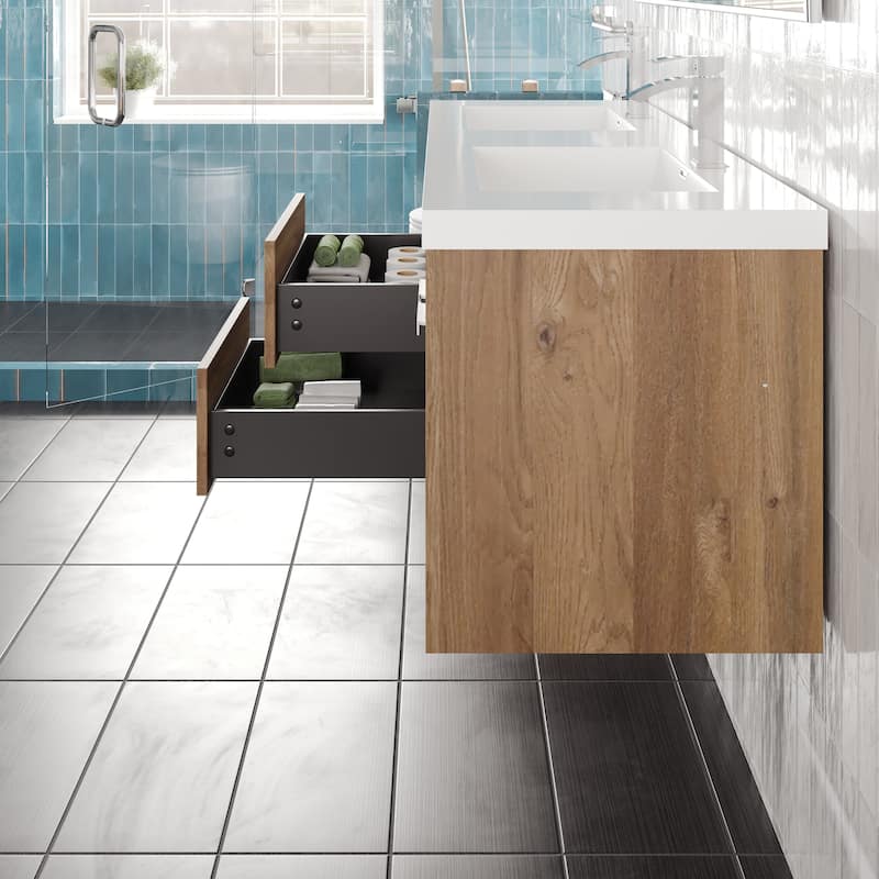 Lugano 60 in. Natural Oak Wallmount DS Bath Vanity with Integrated Acrylic Sinks