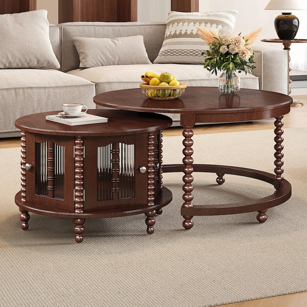 Roomfitters Vintage Round Nesting Coffee Table, Decorative Glass Doors & Beaded Legs, Retro Accent Table, Walnut