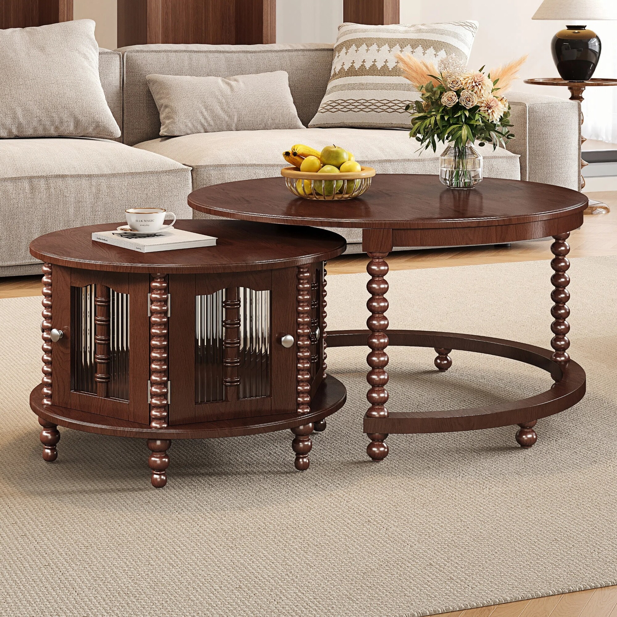 Vintage Nesting Coffee Table Set with Bamboo-Shaped Glass Doors