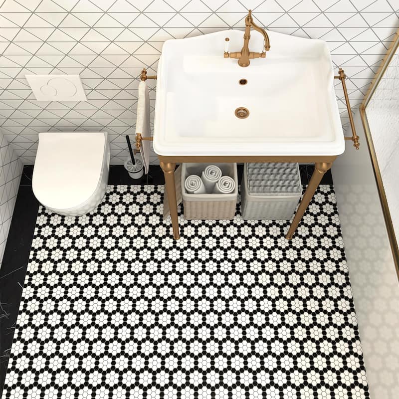 Merola Tile Metro 1" Hex Matte White w/Black Honeycomb 10-1/4" x 11-7/8" Porcelain Mosaic Floor and Wall Tile