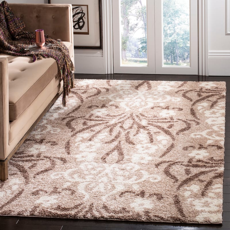 SAFAVIEH Florida Shag Niloufar Damask 1.2-inch Thick Rug - 5'3" x 7'6" - Beige/Cream