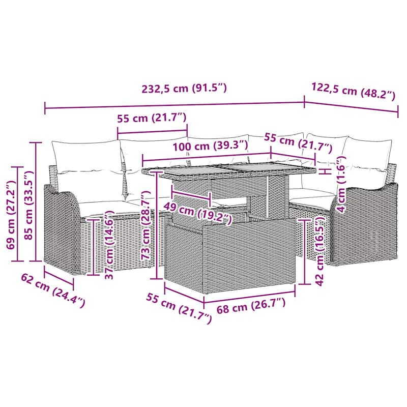 vidaXL 6 Piece Garden Sofa Set with Cushions - 91.5×48.2×27.2