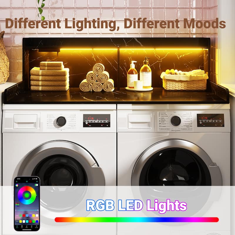 54" x 27.4" Laundry Countertop for Washer and Dryer with Non-Slip Pads，LED Lights，Power Outlets