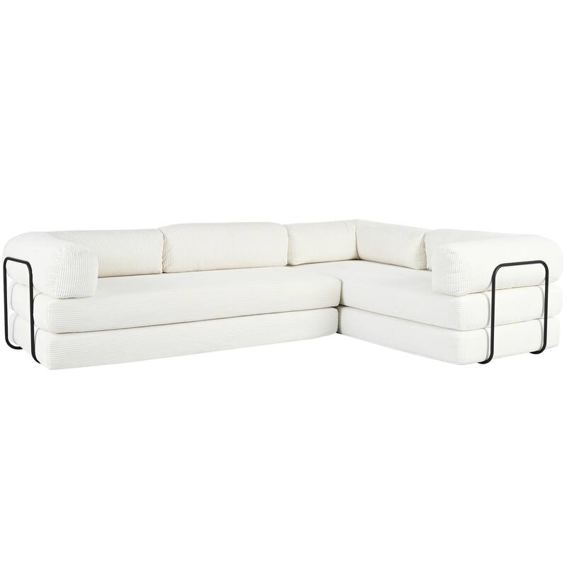 107" L-Shaped Convertible Modular Sofa with Iron Frame Support, Corduroy Upholstered Sectional Sleeper Couch for Living Room - Beige