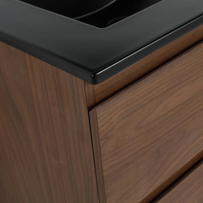 Modern 24" Floating Bathroom Vanity with Black Ceramic Basin, Soft-Close Drawers, Water-Resistant Melamine Surface