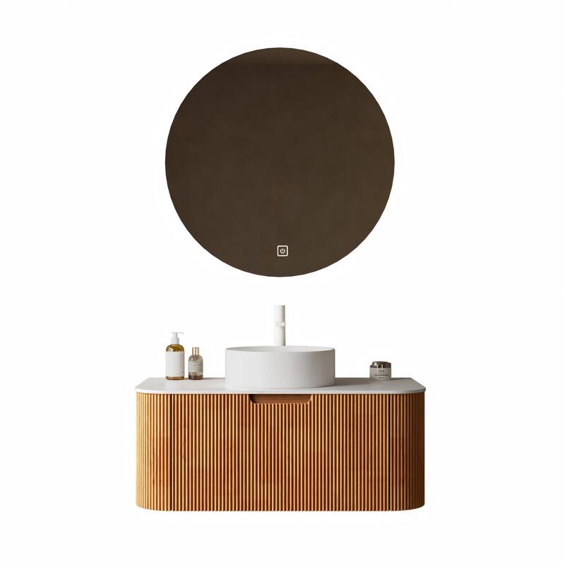 Modland Walnut 24/30/36 inch Bathroom Vanity with White Ceramic Vessel Sink, Modern Wall Mounted Floating