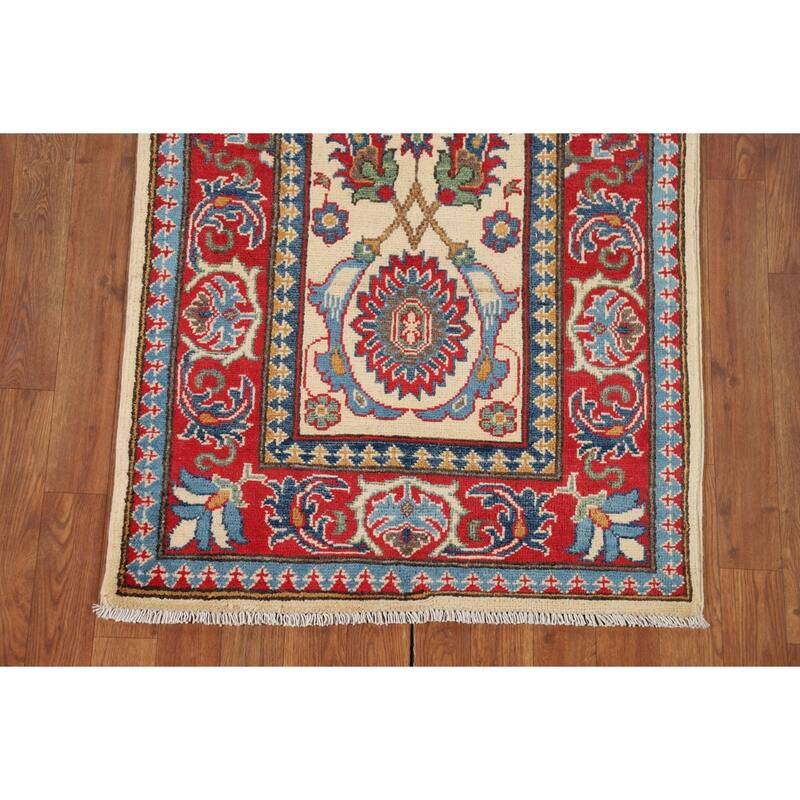 Beige Floral Kazak Oriental Runner Rug Hand-Knotted Wool Carpet - 2'9" x 10'0"