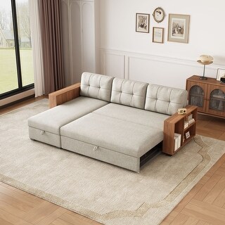 L-Shape Sectional Sofa Pull out Sleeper Sofa Bed with Wooden Handrail ...