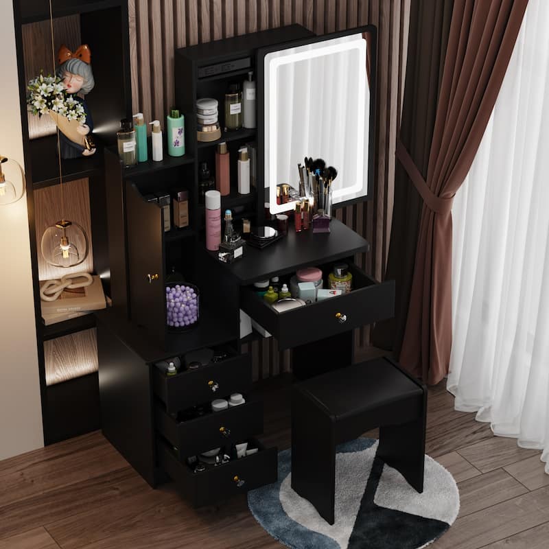 Makeup Vanity Set with Sliding Lighted Mirror & Stool - Hidden Shelves - 33"L x 15.7"W x 52.4"H