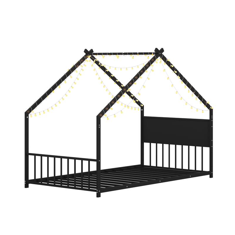 Twin Size Canopy House Bed with LED Lights, Metal Frame for Kids & Teens, No Box Spring Needed (Black)