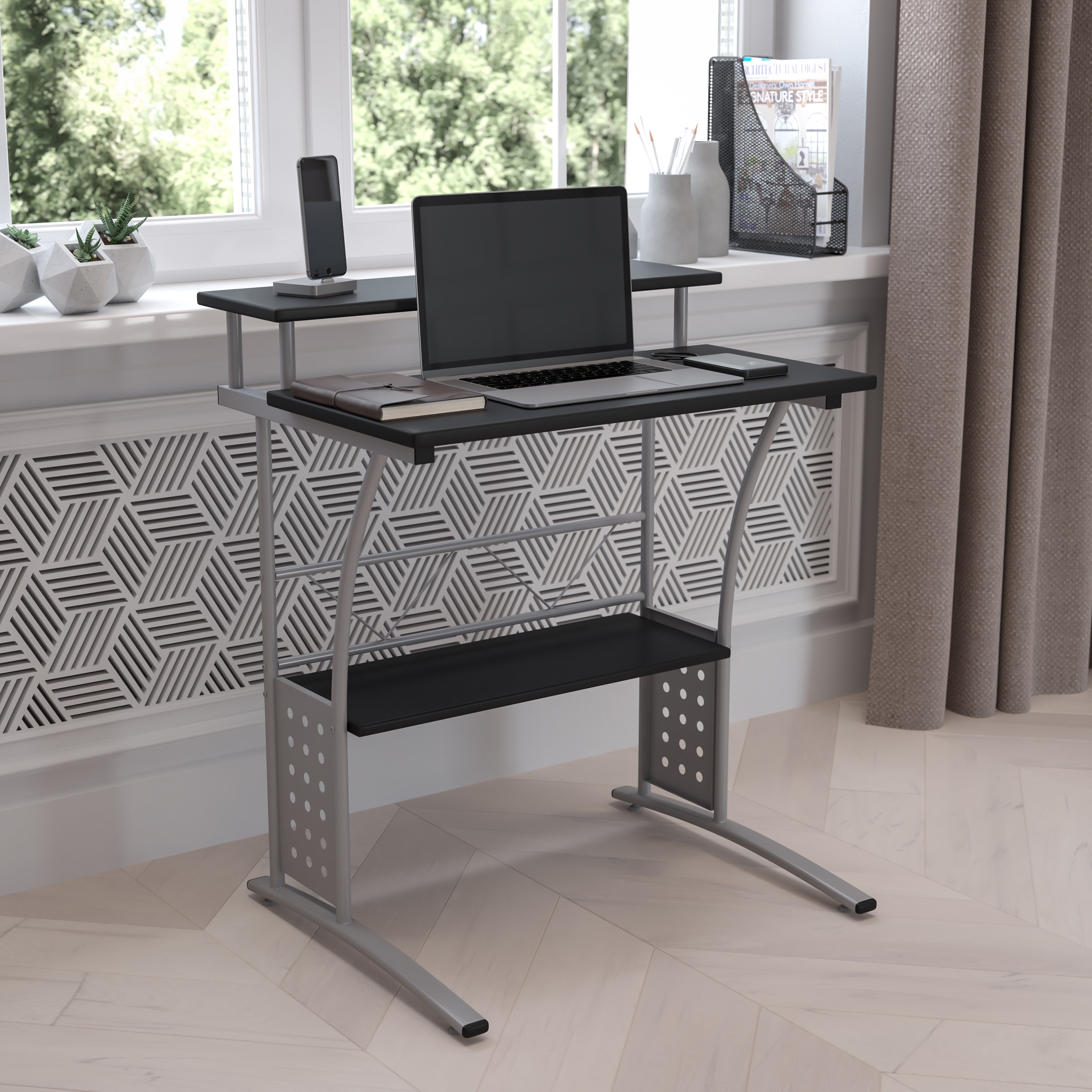 Computer Desk with Top and Bottom Storage Shelves