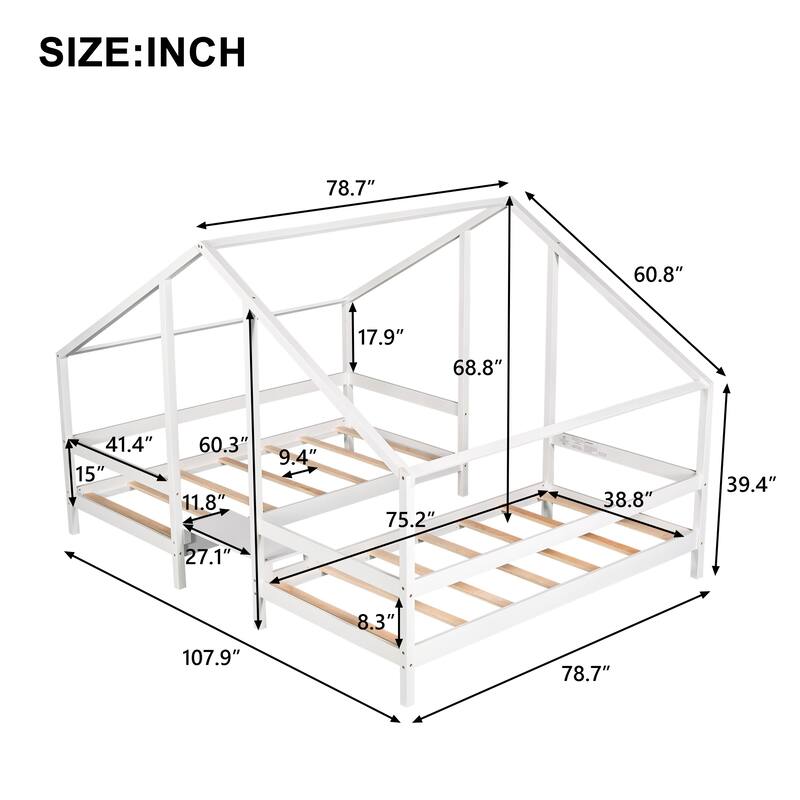 Double Twin Size Triangular House Beds, Wood Frame Shared Two Twin Beds with BuiltIn Table for